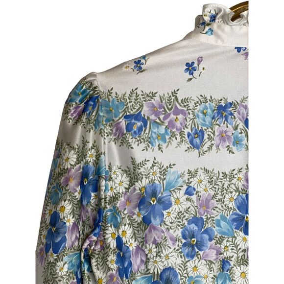 Vintage 70s Floral High Neck Dress Tie Front Elastic Waist Silky Nylon - Picture 7 of 9